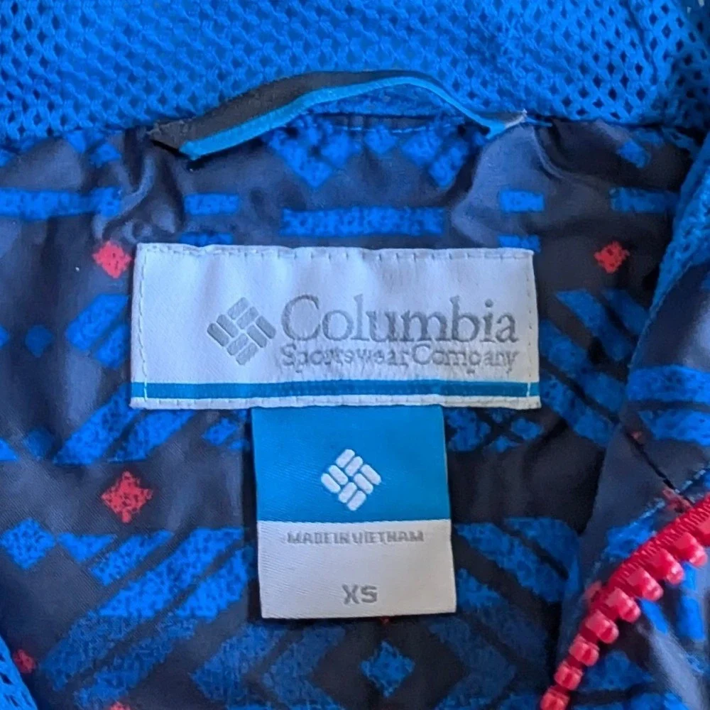 Columbia Boys XS Blue Geometric Print Hooded Mesh Lined Windbreaker Jacket
